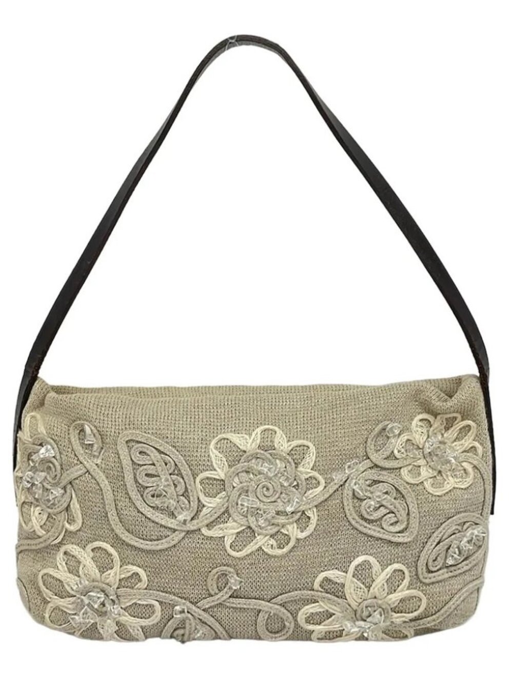 FOXEY Beige Dark Brown Natural Fiber Leather Shoulder Bag